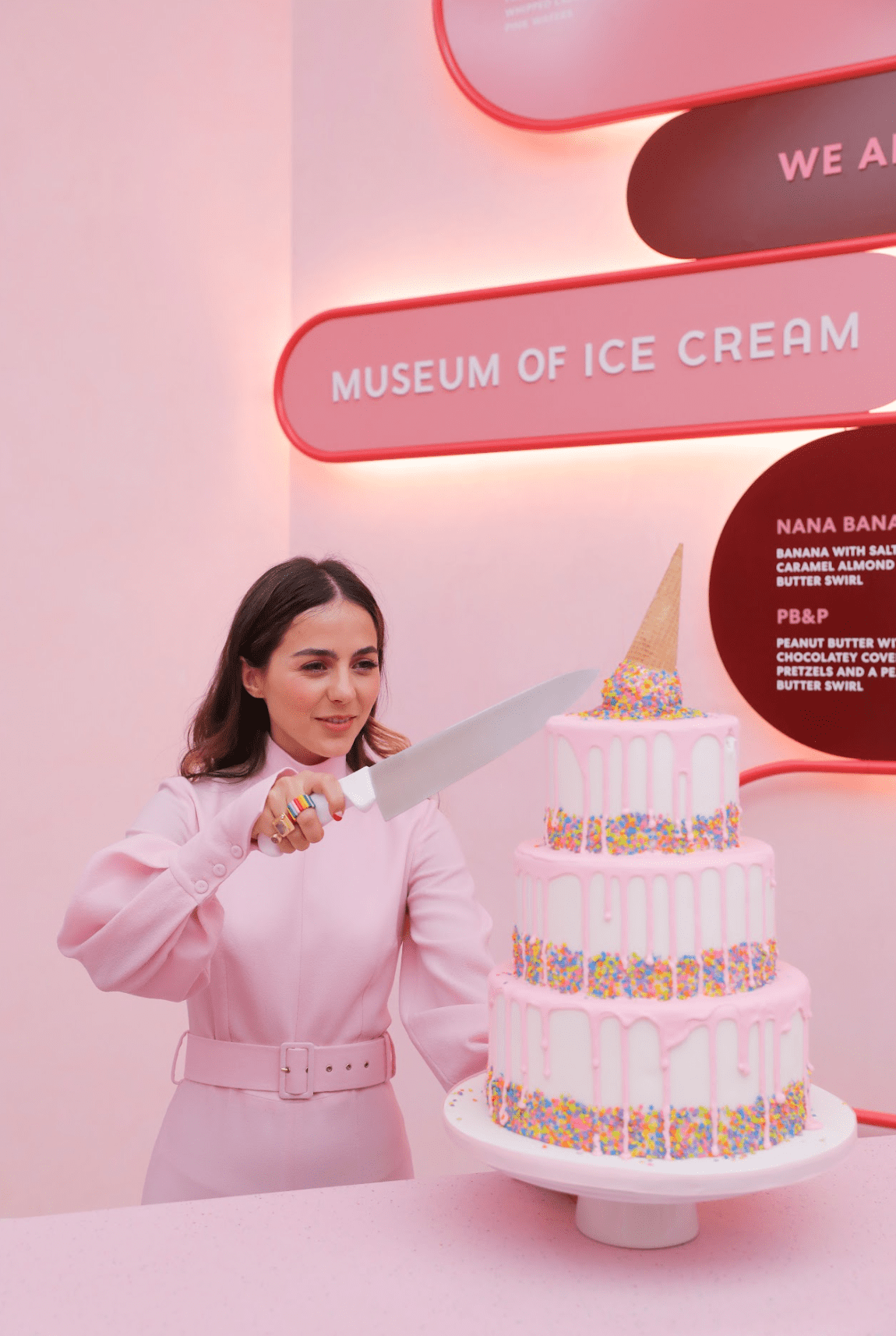 Invitados a la fiesta de cumpleaños cortando la tarta en el espacio privado del MUSEO DE LOS HELADOS