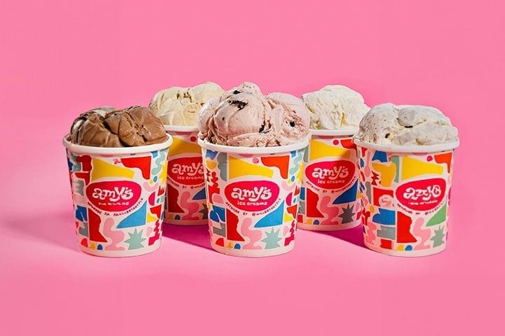 Photo - A photo og 5 Amy's Ice Creams colorful pints with 5 different flavors.