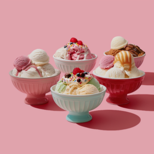 Image - Four sundaes with different flavors and toppings in the center of the photo.