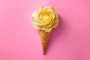 Image: an image of Lemon and Elder Flower Ice Cream yellow ice cream in the shape of a flower on top of an ice cream cone.
