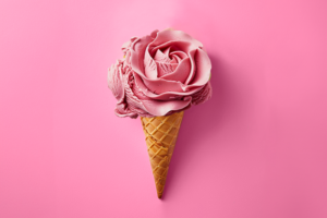 Image: An image of rose petal and raspberry ice cream in the shape of a flower on an ice cream cone.